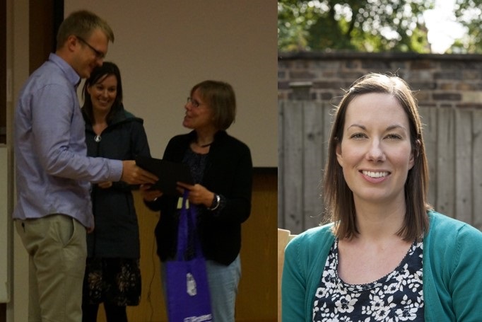 Fiona (right, and in the middle in the left image) handing out an F1000 poster award at the YLS 2014 Symposium on TRP channels, together with her boss, Professor Susan Brain.